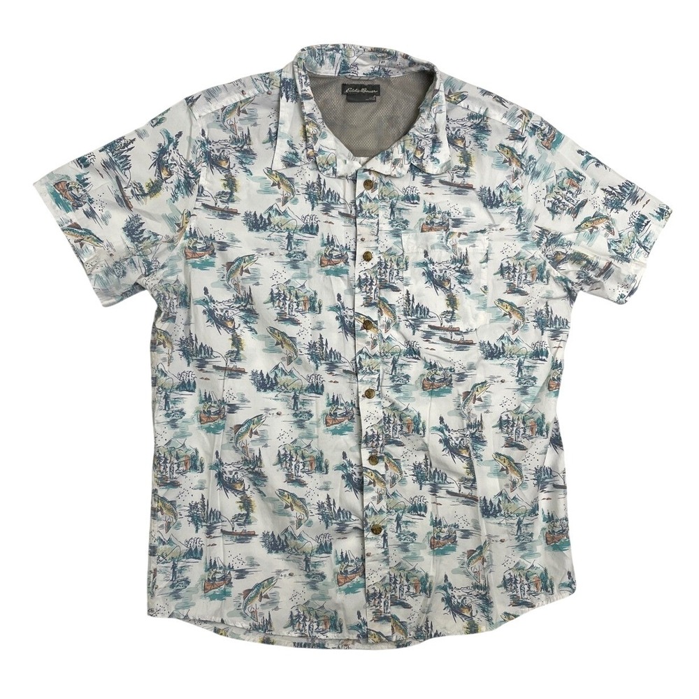 Eddie Bauer Mens Fishing Print Short Sleeve Button Down Shirt White Large